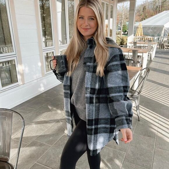 H&M Felted Shacket Shirt Jacket Blue Plaid New - Picture 11 of 12